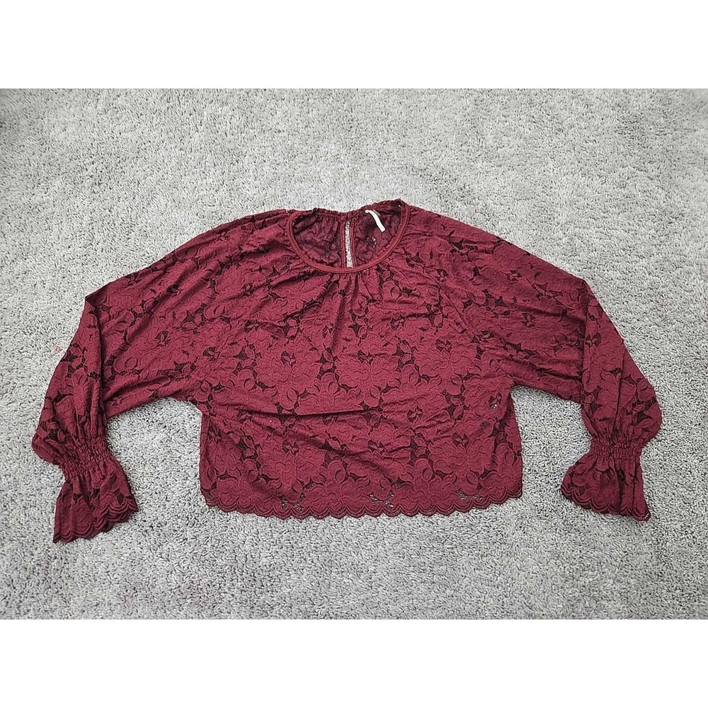 Free People Olivia Top Womens S Red Balloon Long Sleeve Floral Lace Scallop Hem‎
